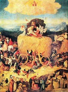Hieronymus Bosch: Heuwagen, Triptychon, Mitteltafel – Der Heuwagen, um 1500